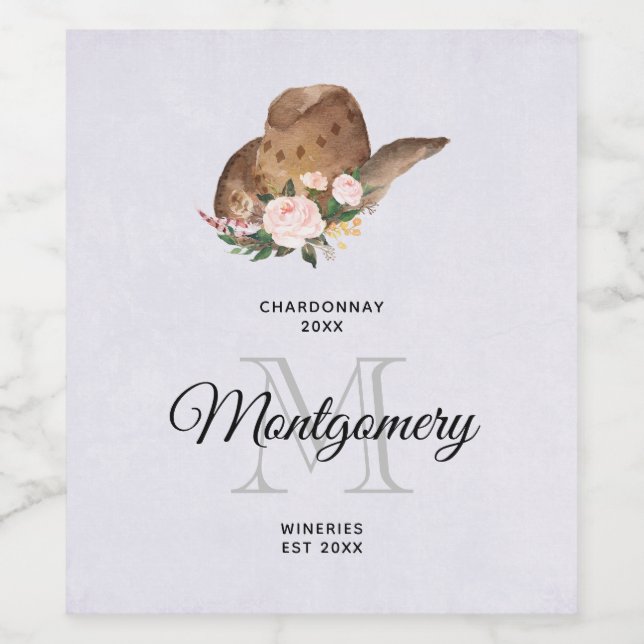 Brown Cowgirl Hat med Rosa Flowers Vin Skapar Vinflaska Etikett (Singel etikett)