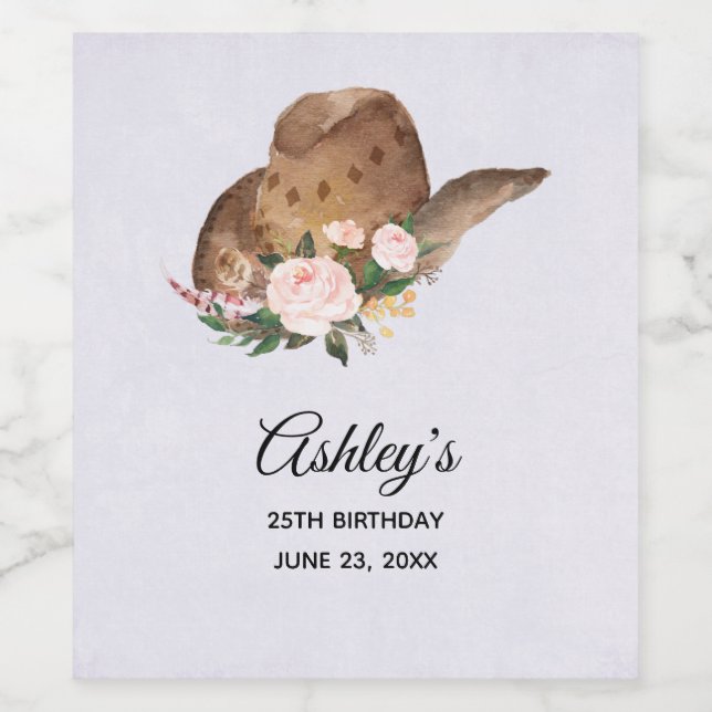 Brown Cowgirl Hat med Rosa Flowers Vinflaska Etikett (Singel etikett)