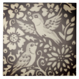 Brown Cream Bird Blommigt Foliage Woodland Decor Kakelplatta