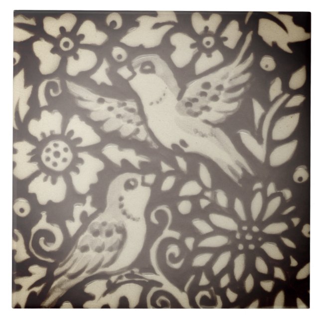 Brown Cream Bird Blommigt Foliage Woodland Decor Kakelplatta (Framsidan)