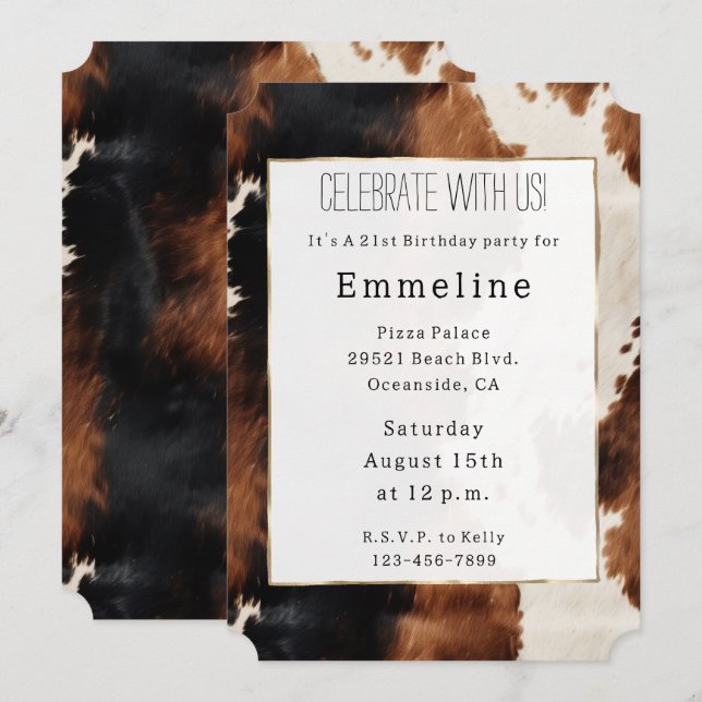 Brown Cream Black Southwest Cowboy Cowgirl Cowhide Inbjudningar (Fram/baksida)