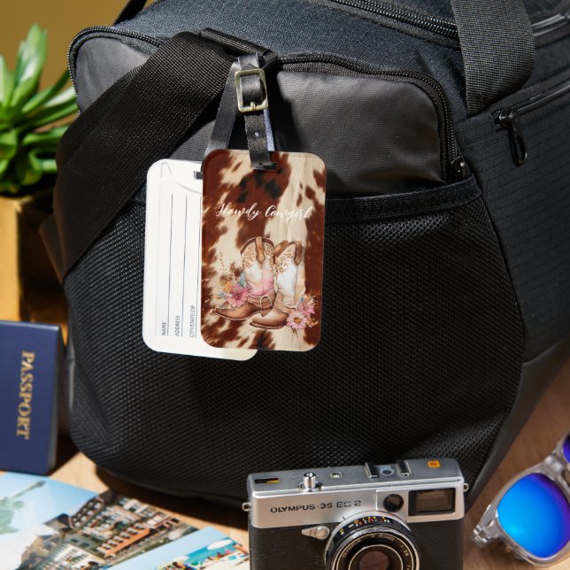 Brown Cream Cowhide Cowgirl Blommigt Boots Bagagebricka (Framsida & Baksida)