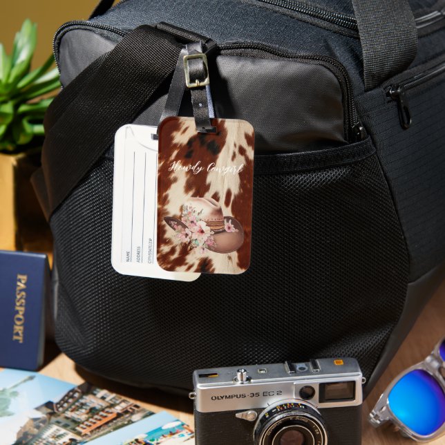 Brown Cream Cowhide Cowgirl Blommigt Hat Bagagebricka (Framsida & Baksida)