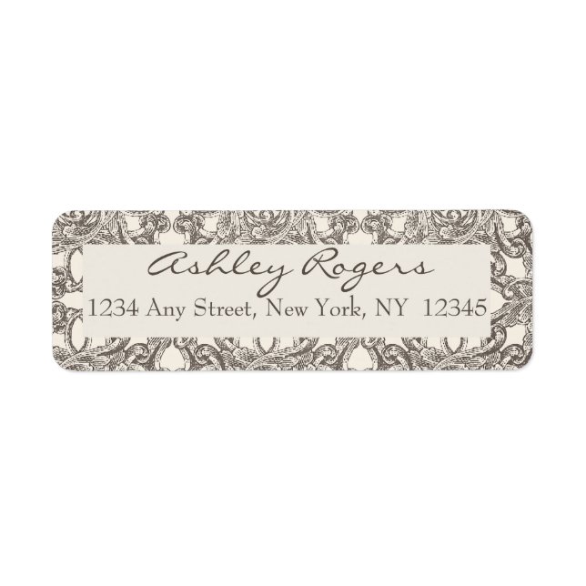 Brown Cream Damask Wedding Returetiketters Returadress Etikett (Framsidan)