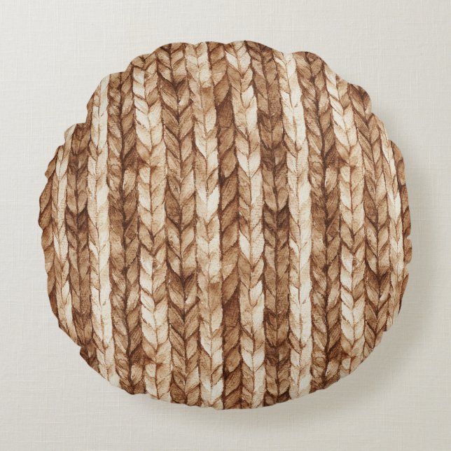 Brown Cream Faux Woven Rand Rund Kudde (Framsidan)