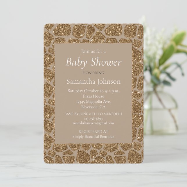 Brown Cream Giraffe Print Glitter Baby Shower   Inbjudningar (Stående Fram)