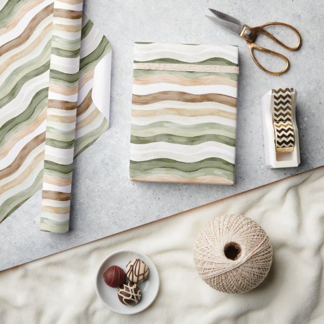 Brown Cream Green Stripes Presentpapper (Hantverk)
