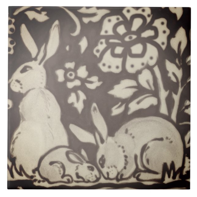 Brown Cream Rabbit Blommigt Foliage Woodland Decor Kakelplatta (Framsidan)