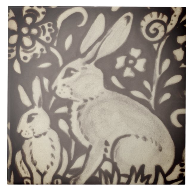 Brown Cream Rabbit Blommigt Foliage Woodland Decor Kakelplatta (Framsidan)