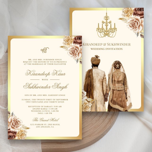 Brown Cream Ro Blommigt Anand Karaj Sikh Bröllop Inbjudningar (Skapare uppladdad)