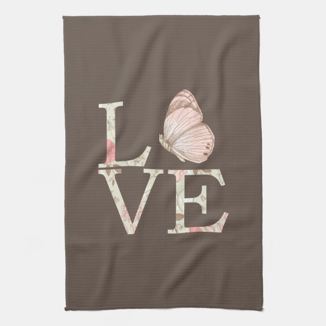 Brown Cream Rosa Kärlek Butterfly Blommigt Kökshandduk (Vertikal)