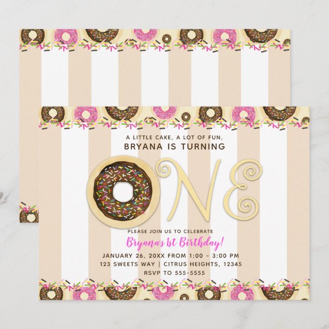 Brown Cream Sprinkle Donuts ONE 1ST Birthday Party Inbjudningar (Fram/baksida)