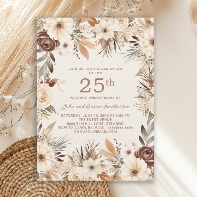 Brown Cream Watercolor Blommigt 25-årsdagen Inbjudningar (Brown and tan watercolor floral boho-style 25th wedding anniversary invitation)