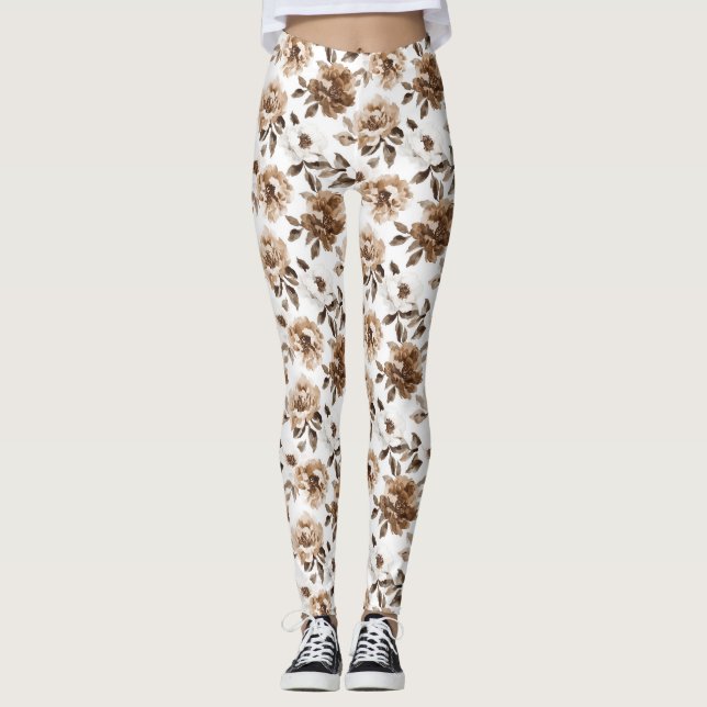 Brown Cream White Flowers Leggings (Framsida)