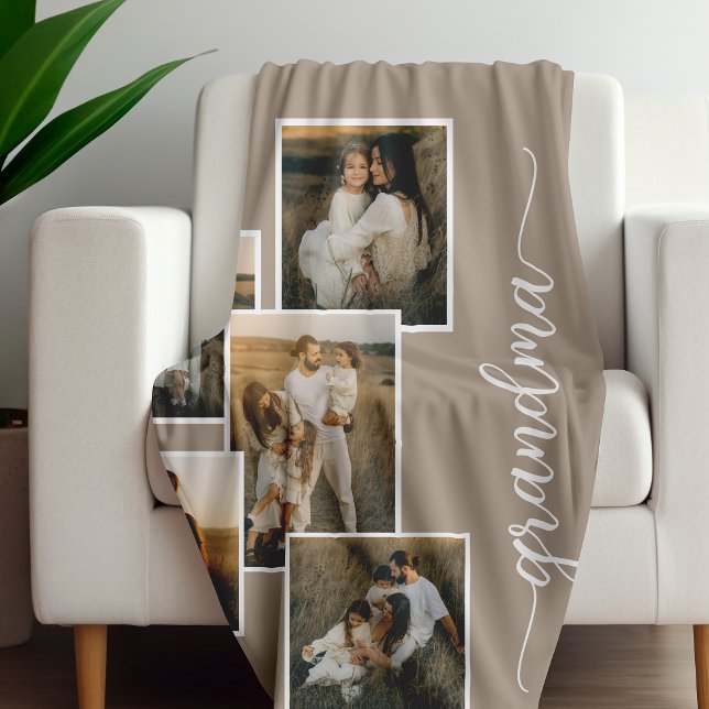 Brown Customized Grandma Grandkid 5 Photo Collage Fleecefilt (Skapare uppladdad)