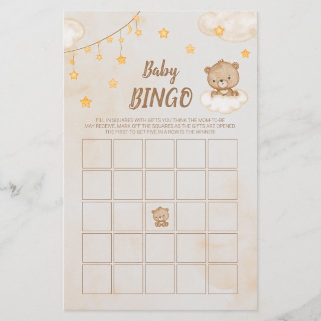Brown Cute Bear Baby Shower Bingo (Framsida)