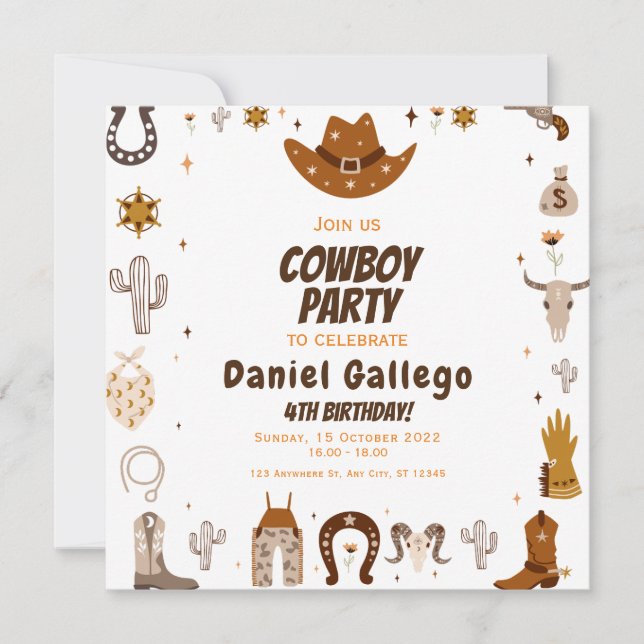Brown Cute Cowboy Birthday Inbjudningar (Framsida)