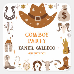Brown Cute Cowboy Födelsedagsfest Square Sticker Fyrkantigt Klistermärke