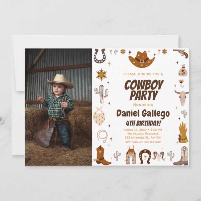 Brown Cute Cowboy Photo Birthday Inbjudningar (Framsida)