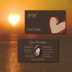 Brown Cute Red Beige Heart med Monogram och Photo Visitkort