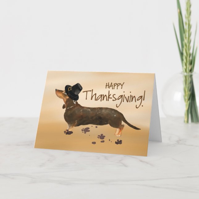 Brown Dachshund Funny Pilgrim Hat Thanksgiving Kort (Framsida)