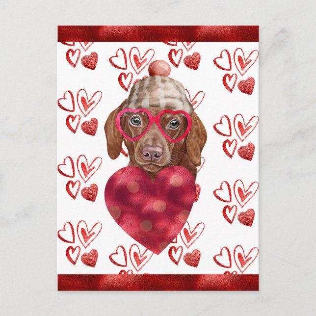 Brown Dachshund Hearts Hund älskare Valentine Gift Helg Vykort (Framsida)