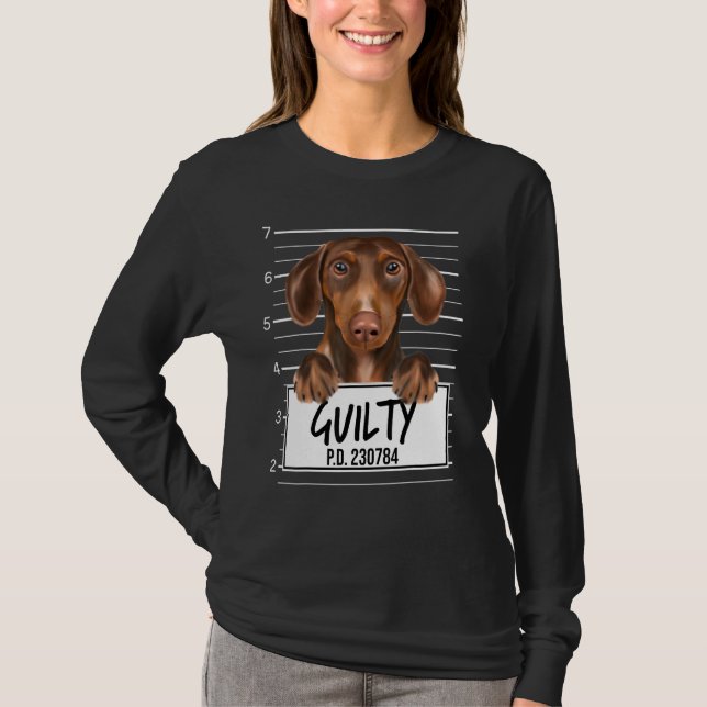 Brown Dachshund Mugshot Guilty Hund T Shirt (Framsida)