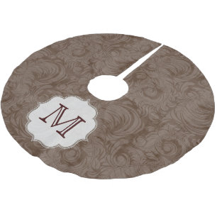 Brown Damask Lac Monogram Initial Träd Skirt Julgransmatta Borstad Polyester