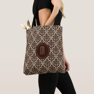 Brown Damask Pattern Monogram Tygkasse