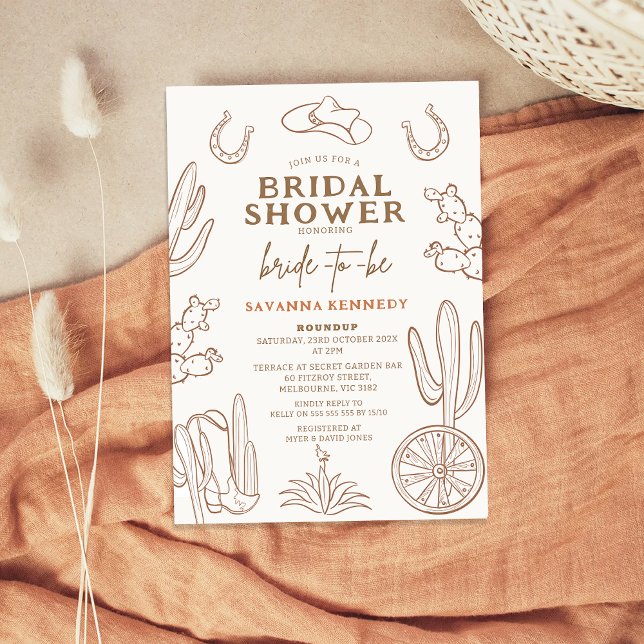 Brown Drawn Western Cowgirl Möhippa Inbjudningar (Modern Western Themed Bridal Shower Invitation, Cowgirl Bridal Shower Invitation, Wild West Bridal )