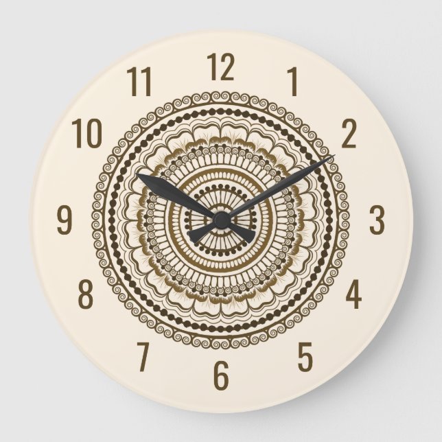 Brown Earth Tones Henna Mandala Stor Klocka (Framsida)