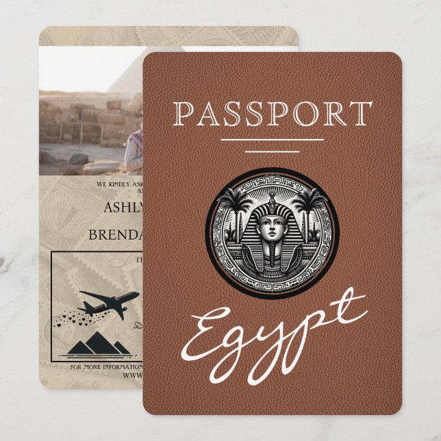 Brown Egypt Passport Wedding Invitation Inbjudningar (Fram/baksida)