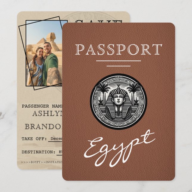 Brown Egypt Passport Wedding Save the Date Spara Datumet (Fram/baksida)