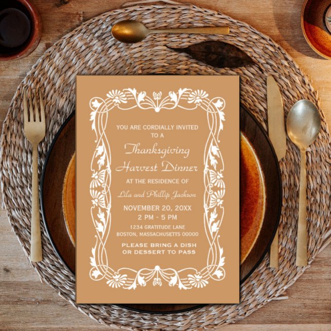 Brown Elegant Gräns Thanksgiving Inbjudan (Brown Elegant Border Thanksgiving Invite)