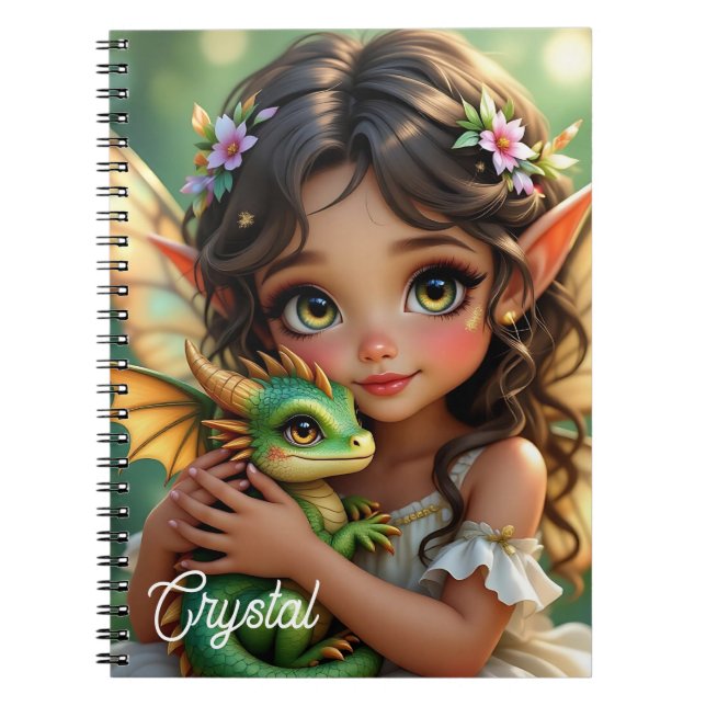 Brown Eyed Elven Fairy and Dragon Personalized Anteckningsbok (Framsidan)