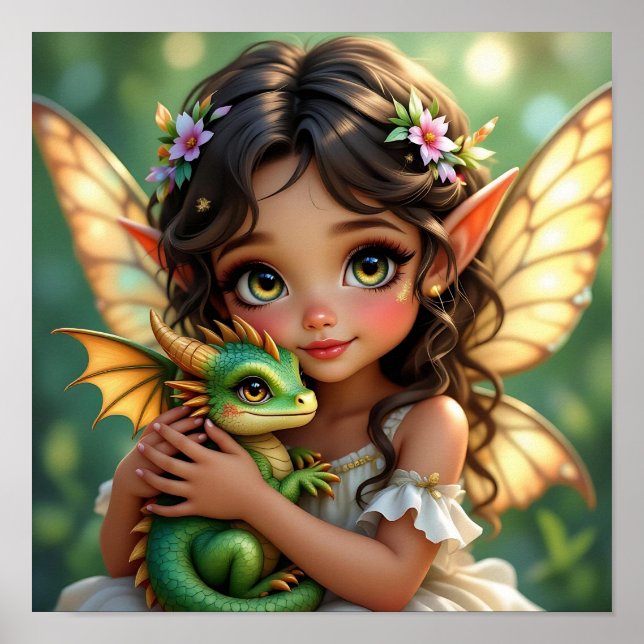 Brown Eyed Elven Fairy and Dragon  Poster (Framsidan)