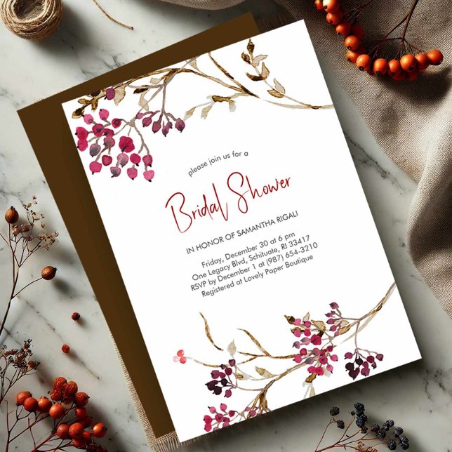 Brown Fall Inbjudningskort för möhippa | Botaniska (Rustic bridal shower invitations watercolor berries)