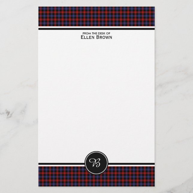 Brown Family Tartan Red och Blue Play Monogram Brevpapper (Framsida)