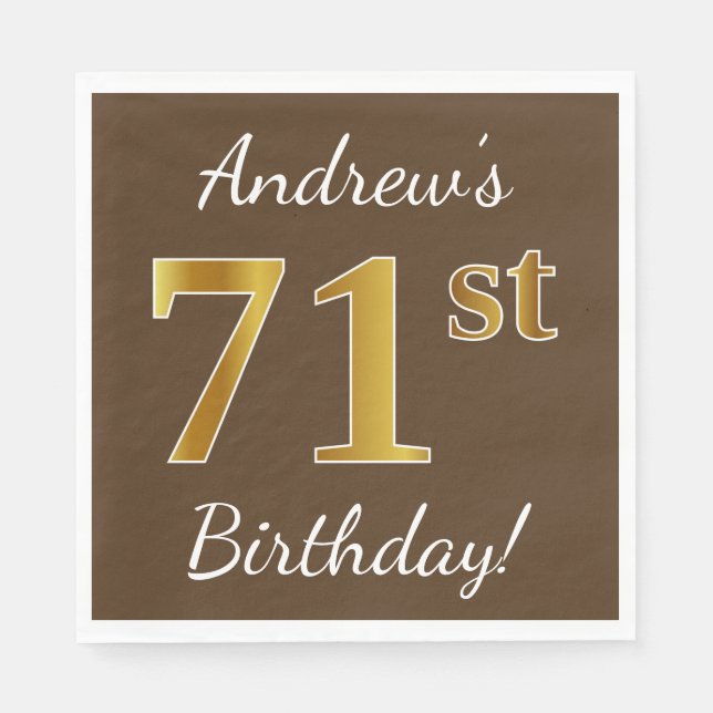 Brown, Faux Guld 71st Birthday + Custom Name Pappersservett (Framsidan)