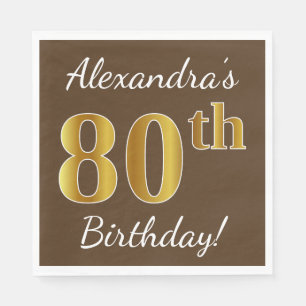 Brown, Faux Guld 80th Birthday + Custom Name Pappersservett