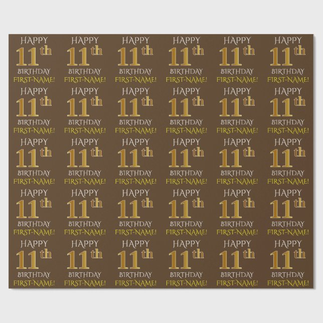 Brown, Faux Guld "LYCKLIG 11 BIRTHDAY" Presentpapper (Platt)