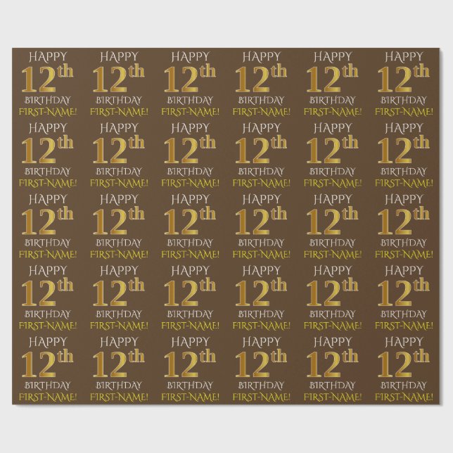 Brown, Faux Guld ’LYCKLIG 12:e BIRTHDAY’ Presentpapper (Platt)