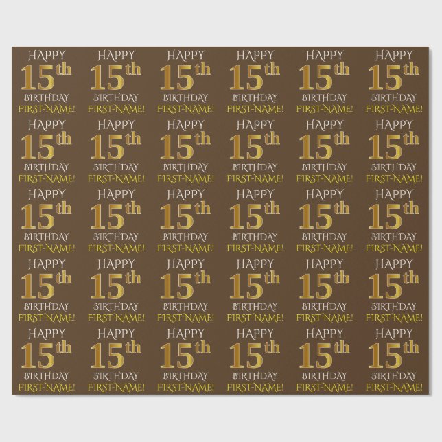 Brown, Faux Guld "LYCKLIG 15 BIRTHDAY" Presentpapper (Platt)