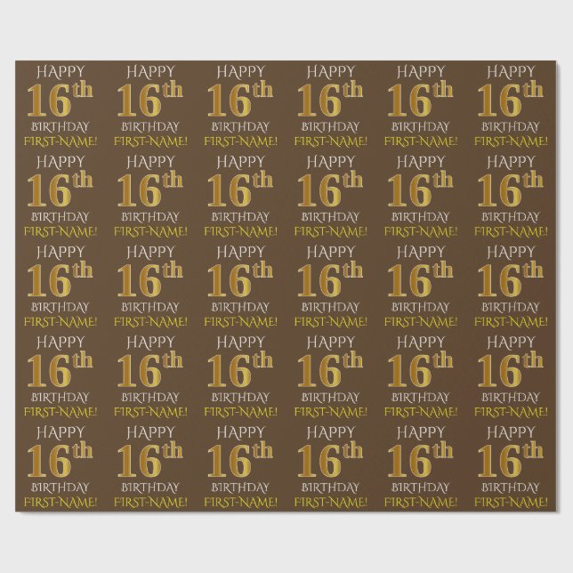 Brown, Faux Guld ’LYCKLIG 16 BIRTHDAY’ Presentpapper (Platt)