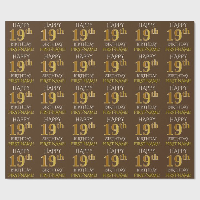 Brown, Faux Guld ’LYCKLIG 19 BIRTHDAY’ Presentpapper (Platt)