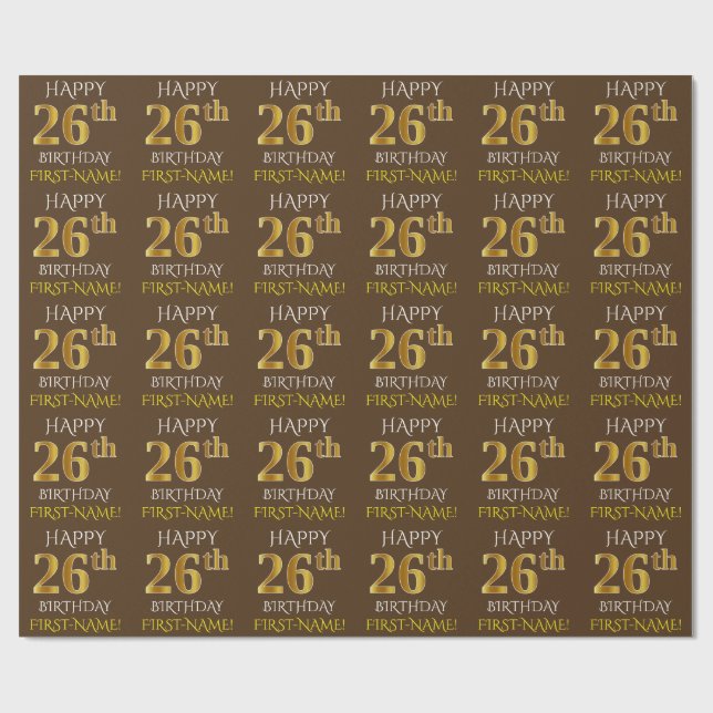 Brown, Faux Guld ’LYCKLIG 26 BIRTHDAY’ Presentpapper (Platt)