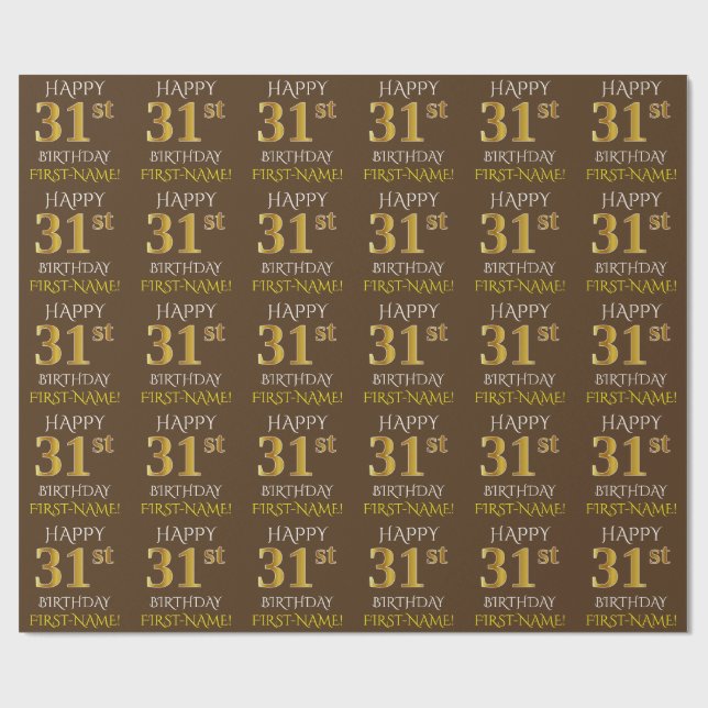 Brown, Faux Guld "LYCKLIG 31a BIRTHDAY" Presentpapper (Platt)