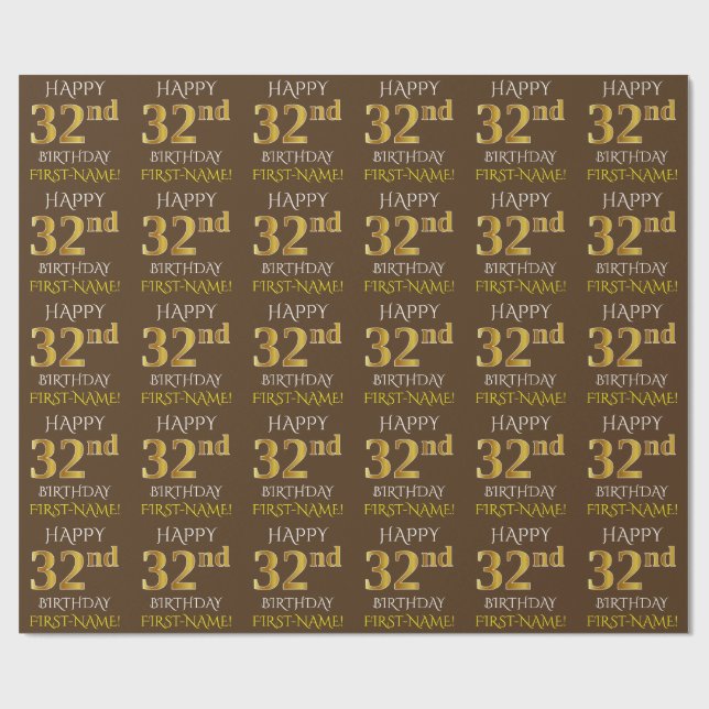 Brown, Faux Guld "LYCKLIG 32:a BIRTHDAY" Presentpapper (Platt)
