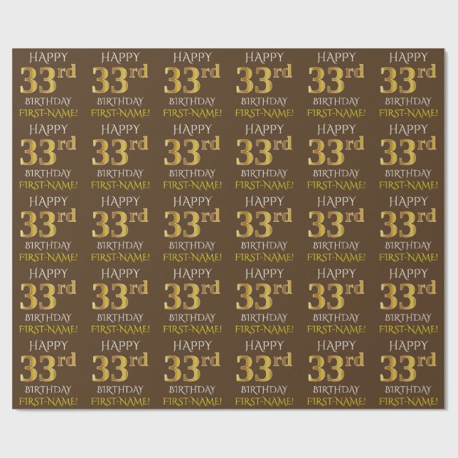 Brown, Faux Guld "LYCKLIG 33:e BIRTHDAY" Presentpapper (Platt)