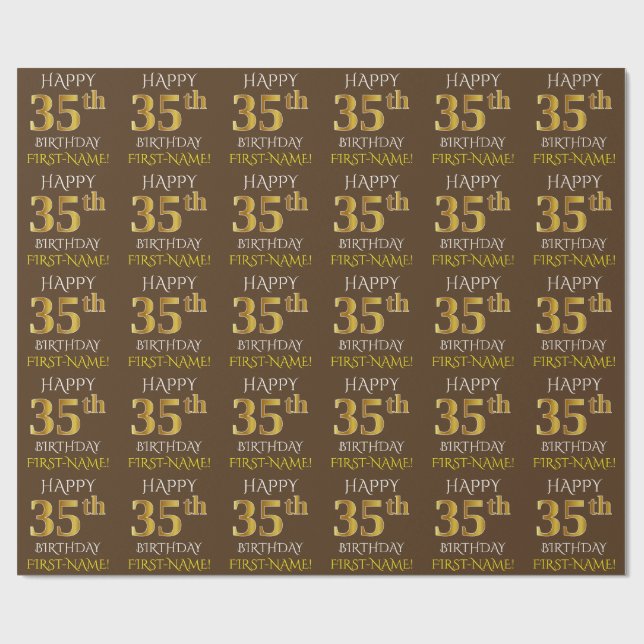 Brown, Faux Guld "LYCKLIG 35e BIRTHDAY" Presentpapper (Platt)